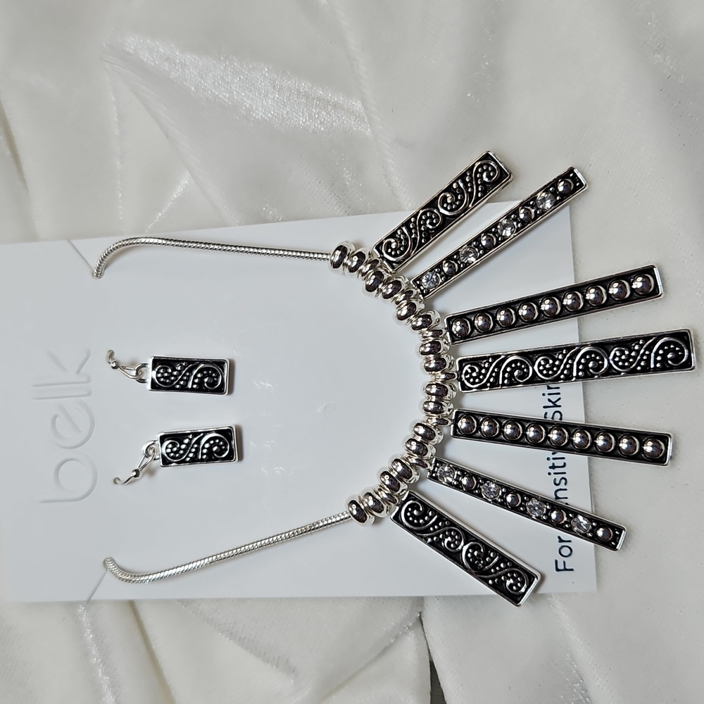 Belk Silver Tone Necklace & Earrings Set NWT Sensitive Skin Boho Fashion Jewelry